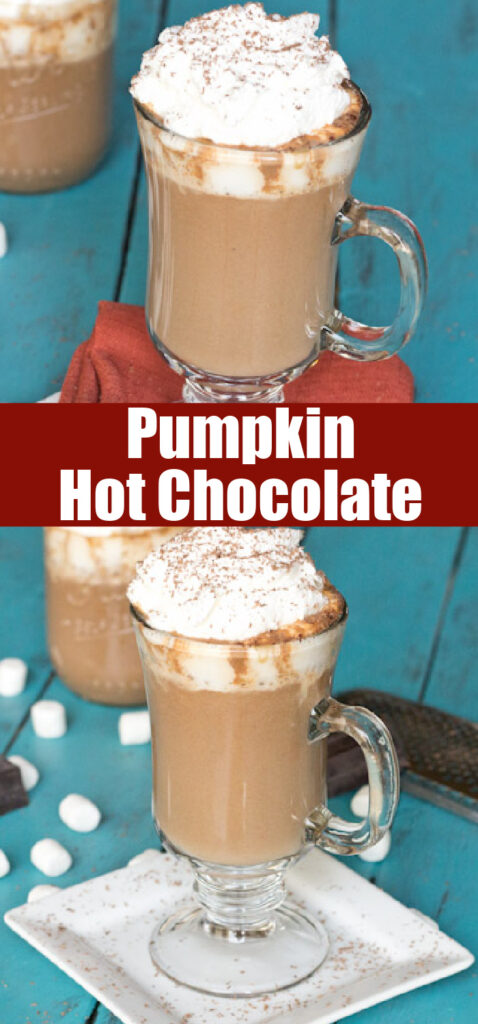 pumpkin hot chocolate close up topped with whipped cream for pinterest