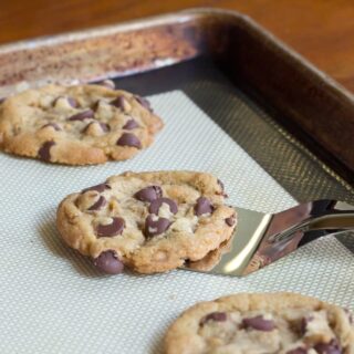brown butter toffee chocolate chip cookies on a pan