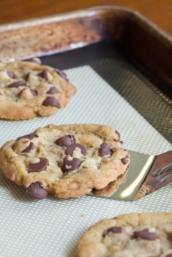 brown butter toffee chocolate chip cookies on a pan