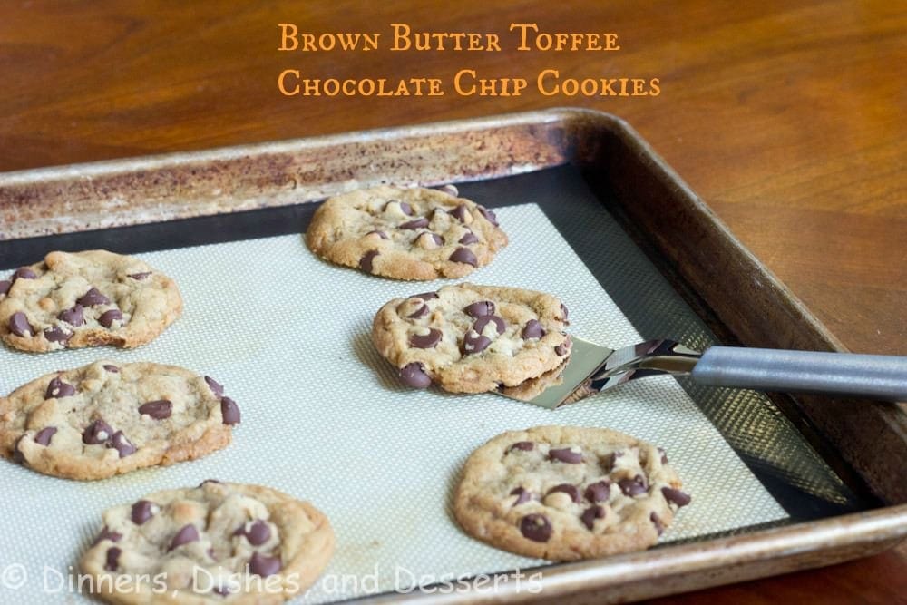 brown butter toffee chocolate chip cookies on a pan