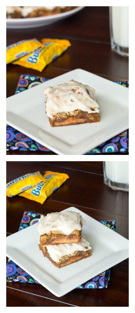 Butterfinger Blondies topped with a Butterfinger Frosting!