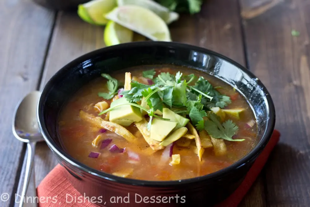 A bowl of soup, with Tortilla soup and Slow cooker