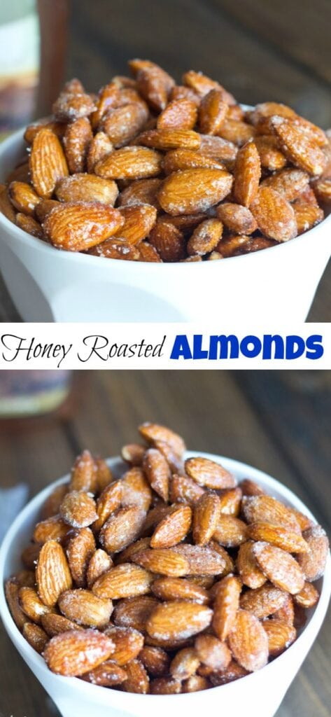 spicy honey roasted almonds in a bowl close up