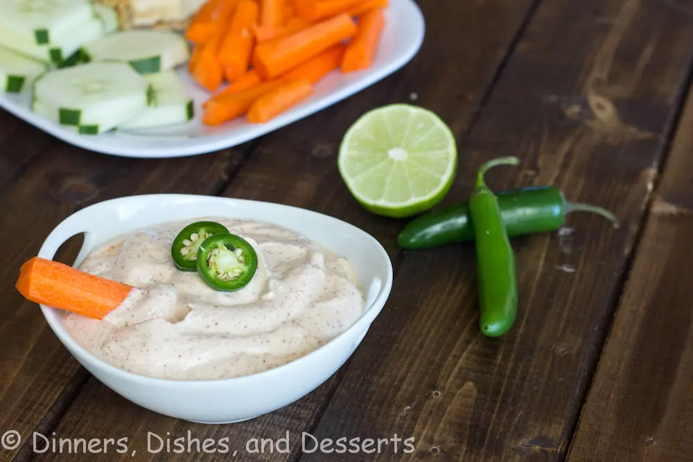 spicy chili lime yogurt dip in a bowl