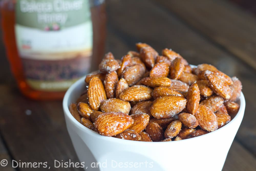 spicy honey roasted almonds in a bowl