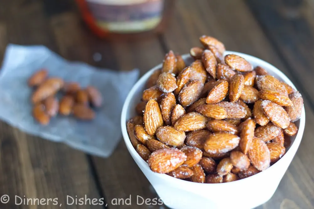 spicy honey roasted almonds in a bowl