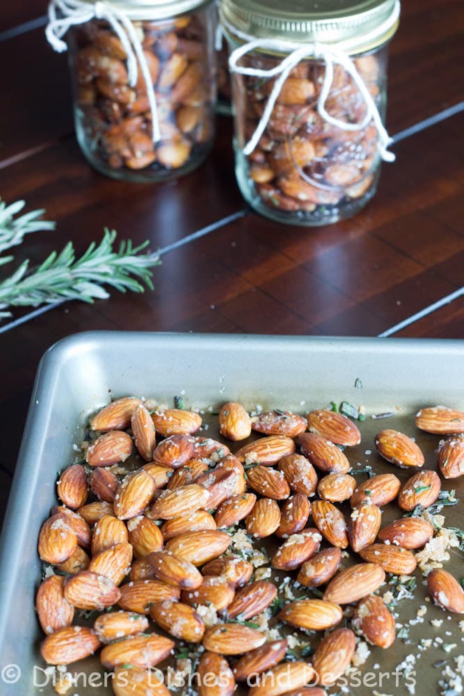 garlic rosemary scented almonds in a bowl