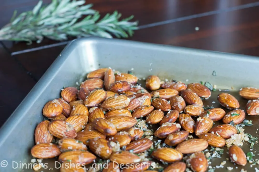 garlic rosemary scented almonds in a bowl