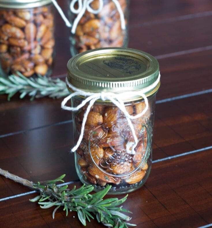 garlic rosemary scented almonds in a bowl