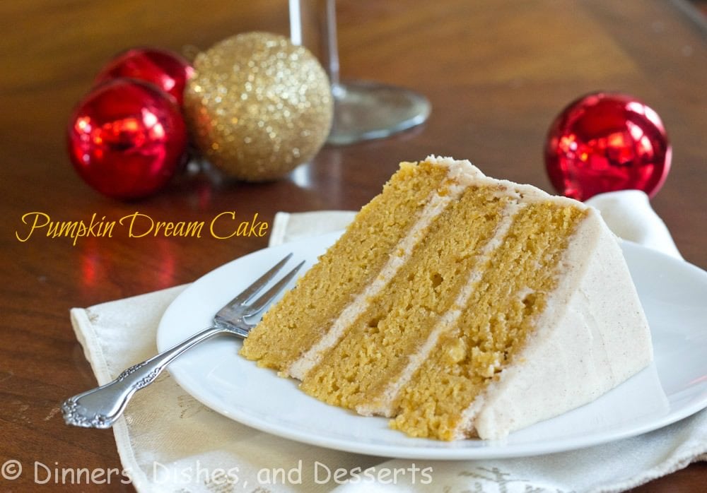 Three layer pumpkin cake with a Cinnamon Butter Cream Frosting. Gorgeous, and perfect for any Holiday table.