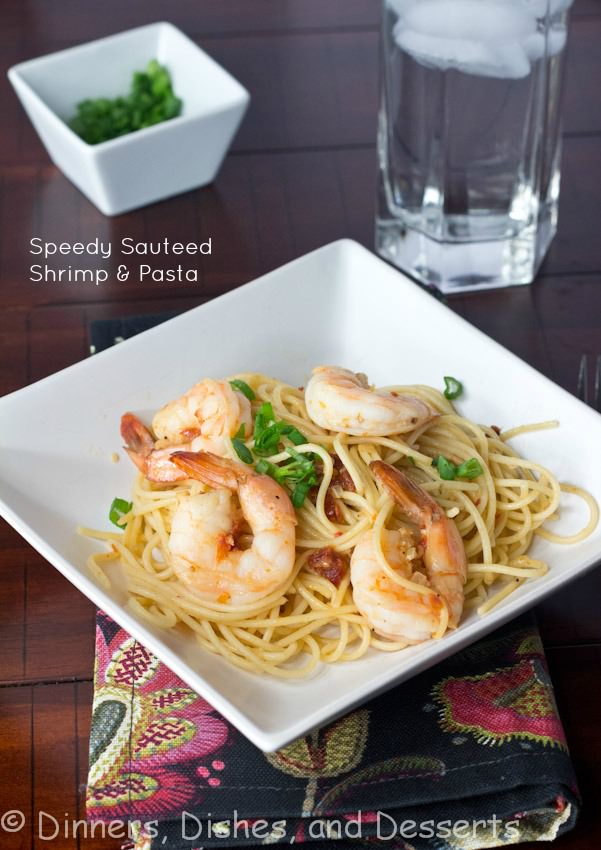 Speedy Shrimp Pasta - Plump and juicy shrimp sauteed in olive oil, garlic, and onions. Tossed with pasta for a quick and easy dinner.