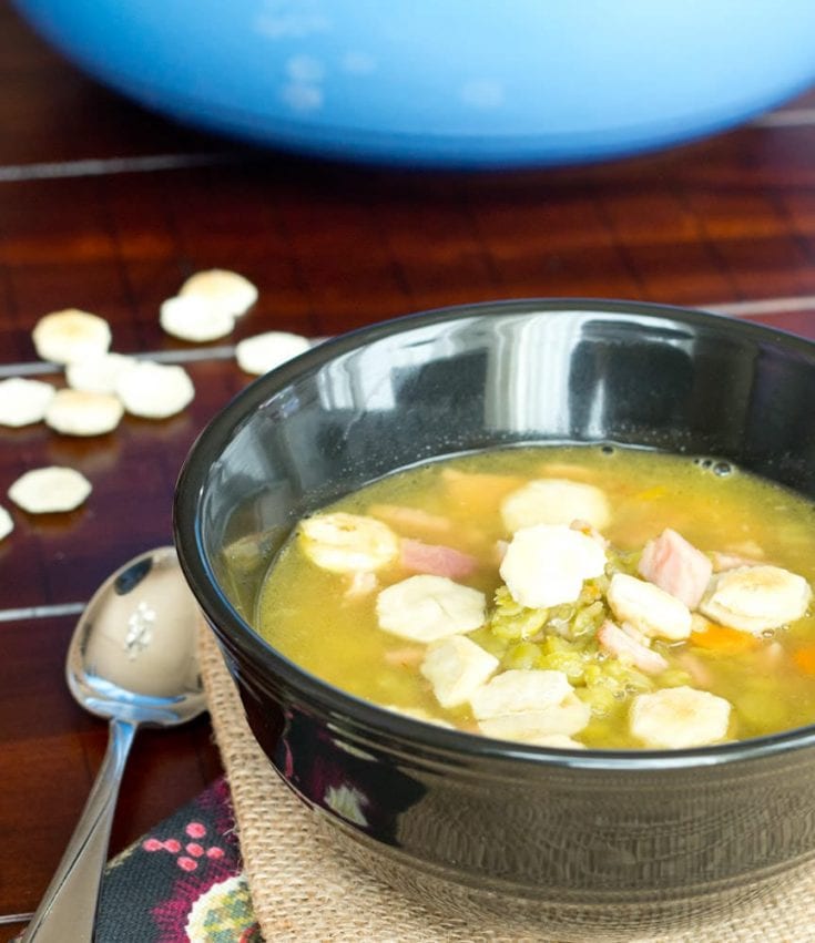 ham and split pea soup in a bowl