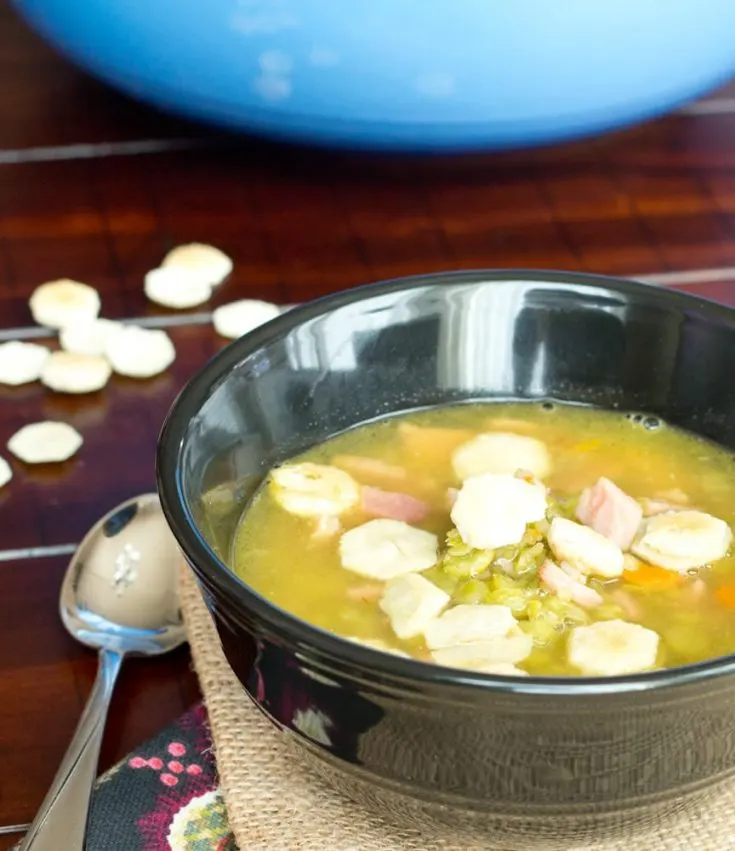 ham and split pea soup in a bowl