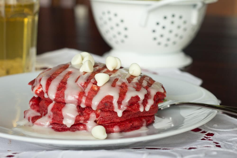 red velvet pancakes on a plate