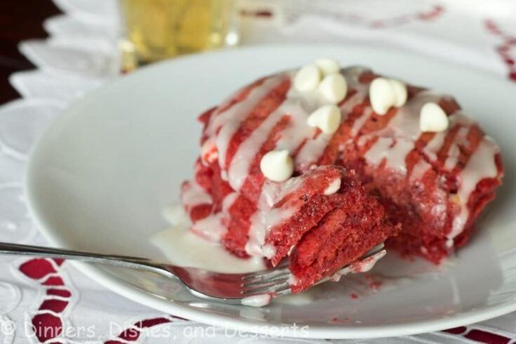 red velvet pancakes on a plate