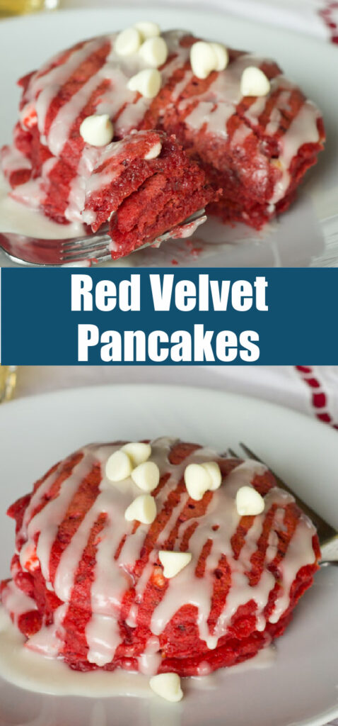 stack of red velvet pancakes on white plate