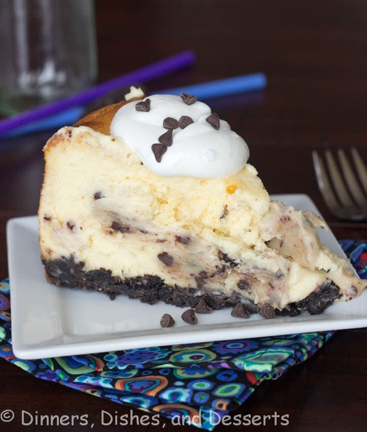 chocolate chip cookie dough cheesecake on a plate