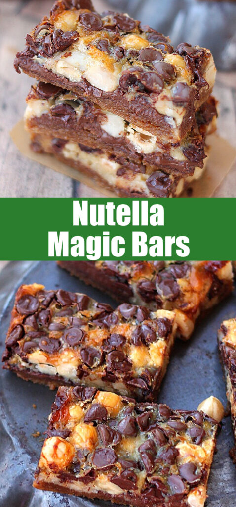 sliced nutella magic bars close up for pinterest