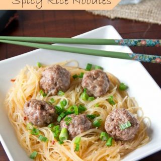 asian meatballs with spicy rice noodles on a plate