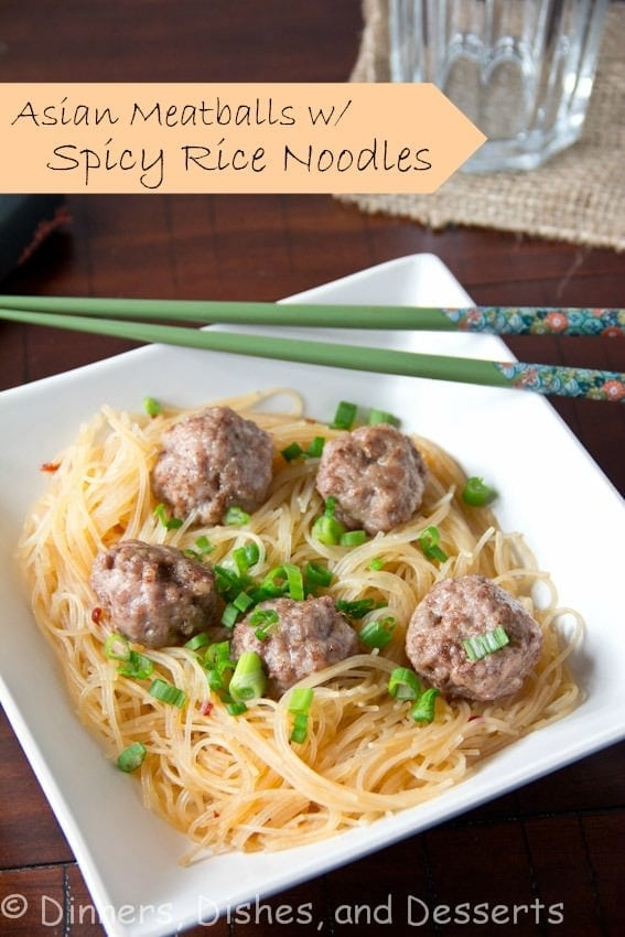 asian meatballs with spicy rice noodles on a plate