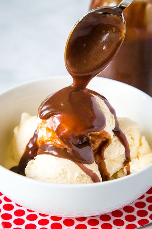 bowl of vanilla ice cream topped with hot fudge