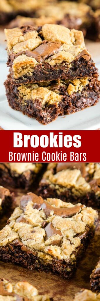 Brookies - These brownie cookie bars have a fudgy brownie on the bottom and topped with chocolate chip cookies.  No need to pick between two favorite ever again!