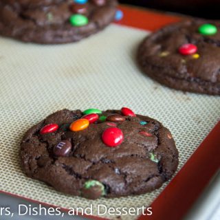 chocolate m&m cookies on a pan