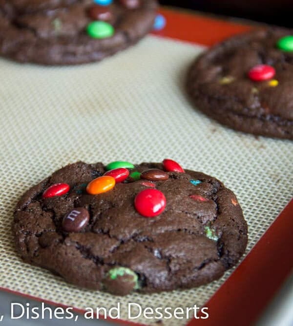 chocolate m&m cookies on a pan