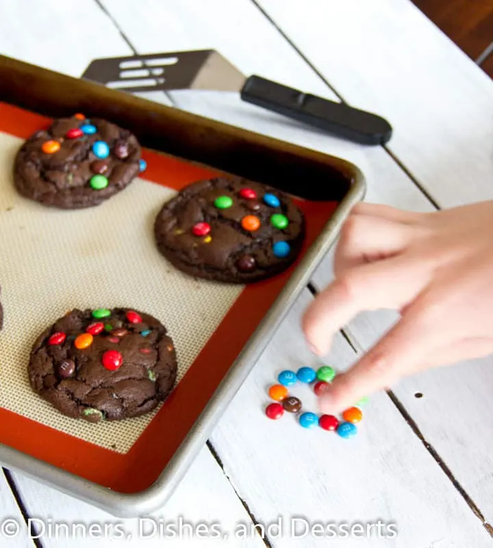 chocolate m&m cookies on a pan