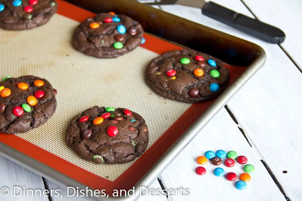 chocolate m&m cookies on a pan