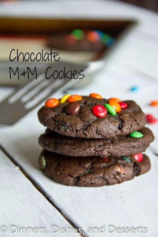 chocolate m&m cookies on a plate
