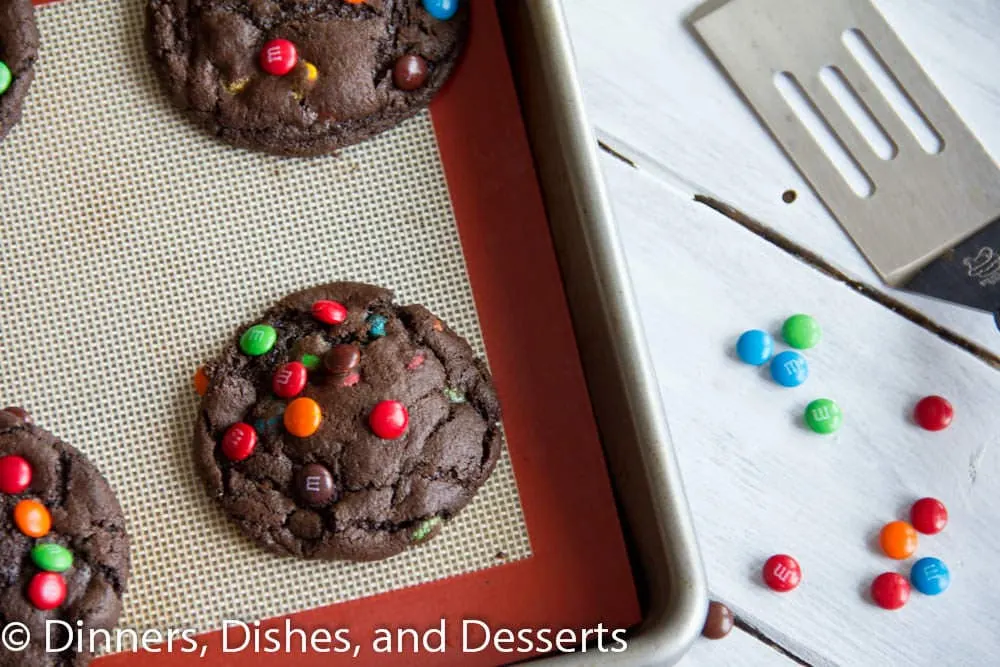 chocolate m&m cookies on a pan