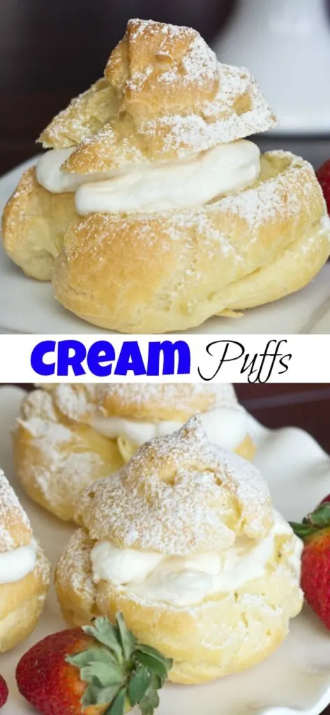 A close up of cream puffs, with Cream and Chocolate