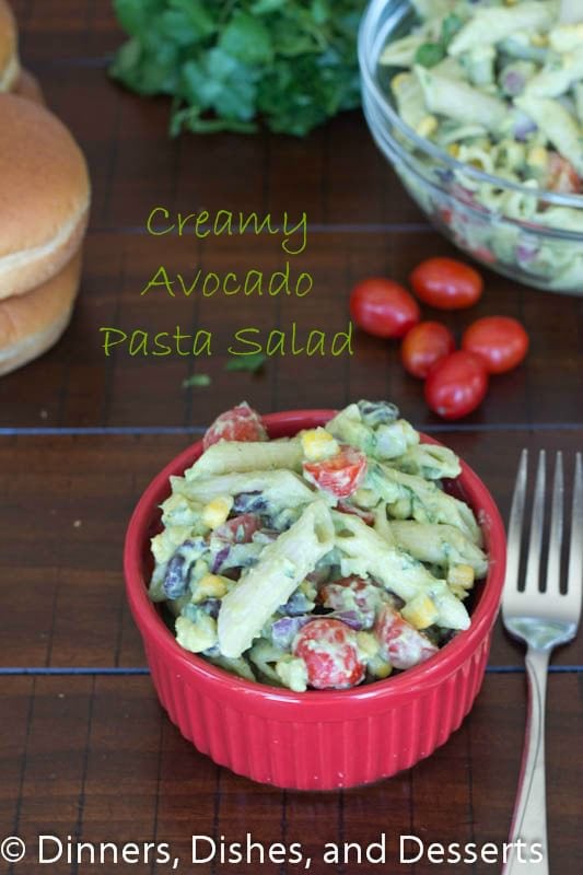 creamy avocado pasta salad in a bowl