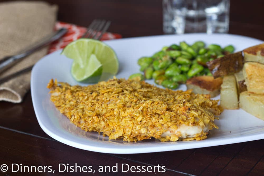 tortilla crusted fish on a plate