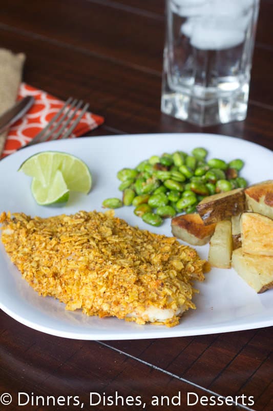 tortilla crusted fish on a plate