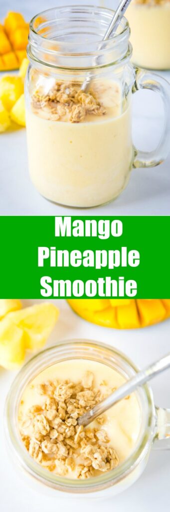 Mango Pineapple Smoothie - this tropical smoothie is a refreshing smoothie full of pineapple, mango, orange and lime juice.  It is like vacation for breakfast!