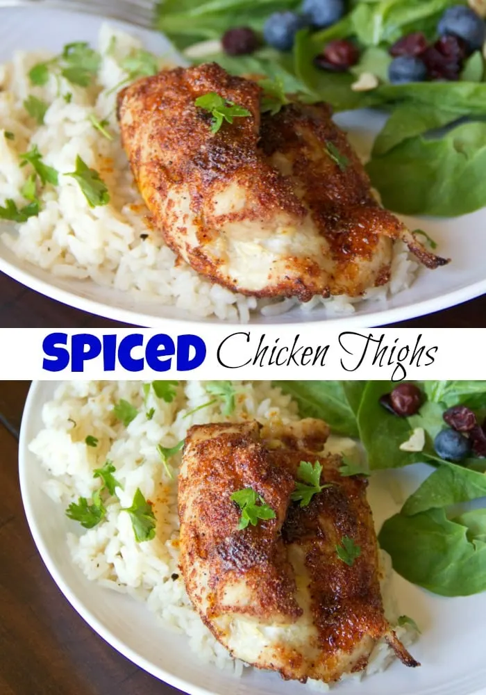 Spiced Chicken Thighs - baked chicken thighs that are juicy and delicious. Coated in a spice mixture that is perfect for busy weeknights.