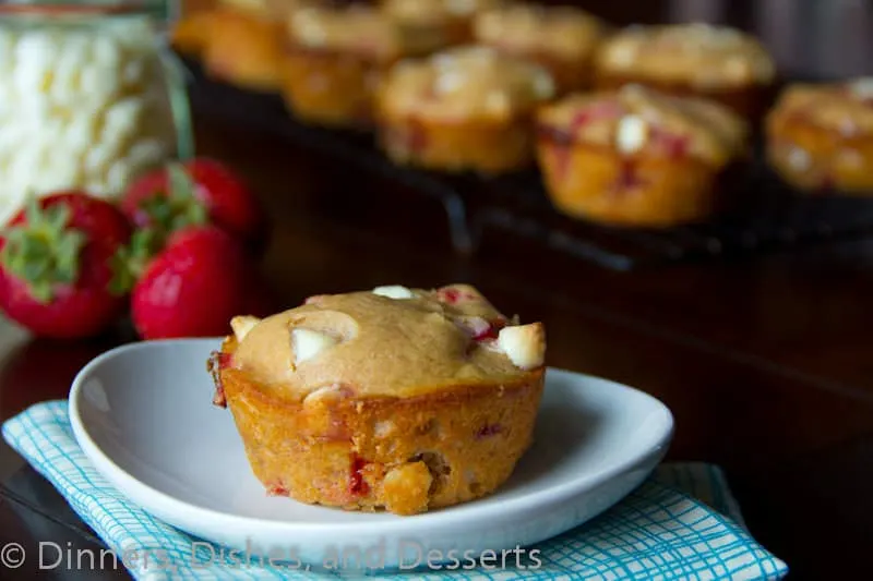 strawberry white chocolate chip muffins on a plate