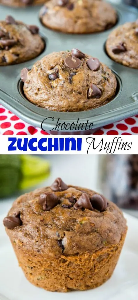 Chocolate Zucchini Muffins -Â Moist and tender chocolate muffins filled with zucchini and chocolate chips. Great way to get more veggies into your family without them knowing!