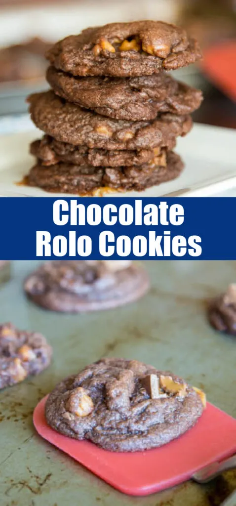 close up chocolate rolo cookies for pinterest