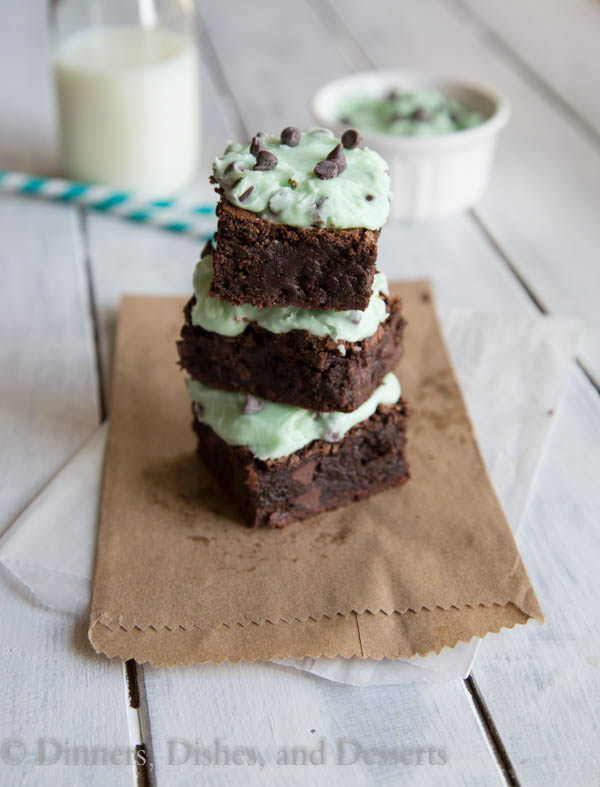fudgy mint chocolate chip brownies on a board