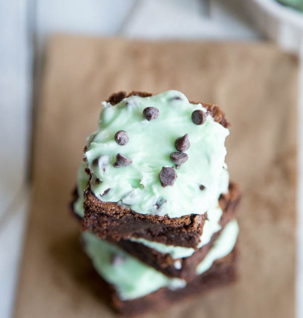 close up stack of mint chocolate chip brownies