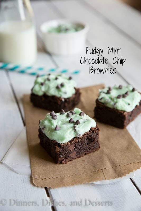 fudgy mint chocolate chip brownies on a board