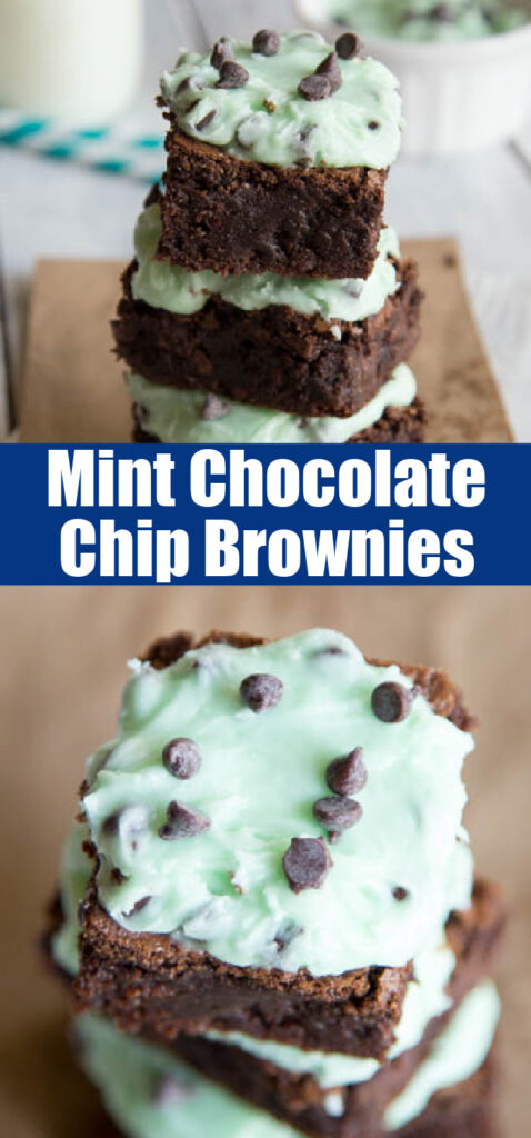 close up brownies with mint chocolate chip frosting