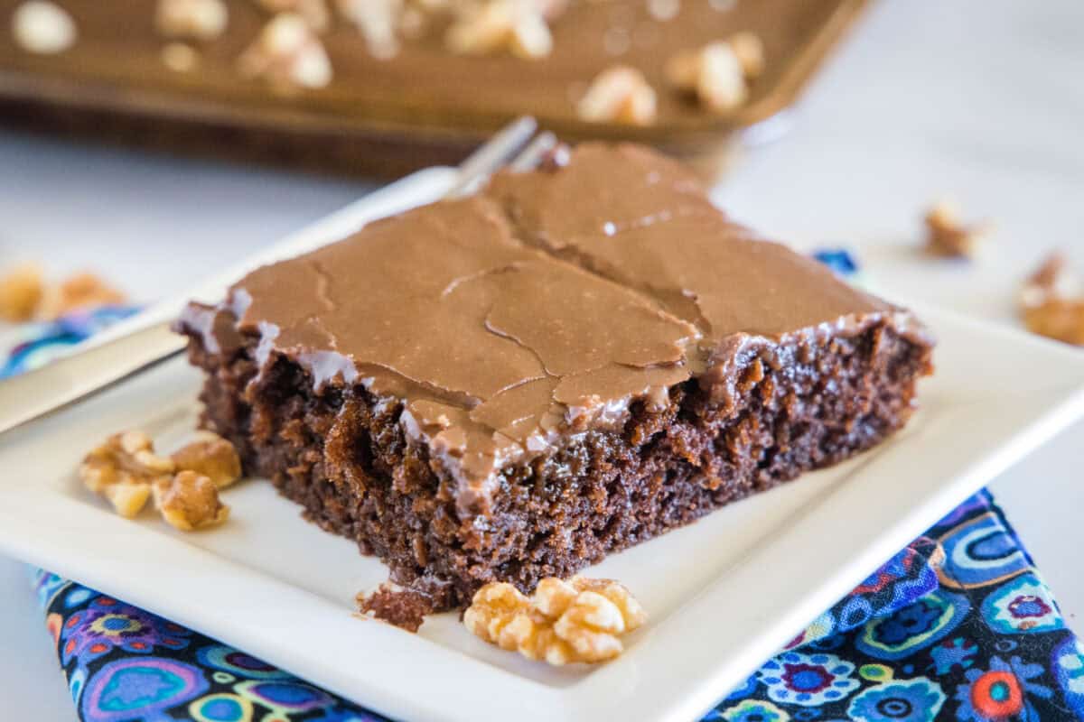 This Texas Sheet Cake is a decadent classic. Moist chocolate cake baked in a large sheet pan that is topped with a warm chocolate frosting. It is easy to make and will disappear in no time.