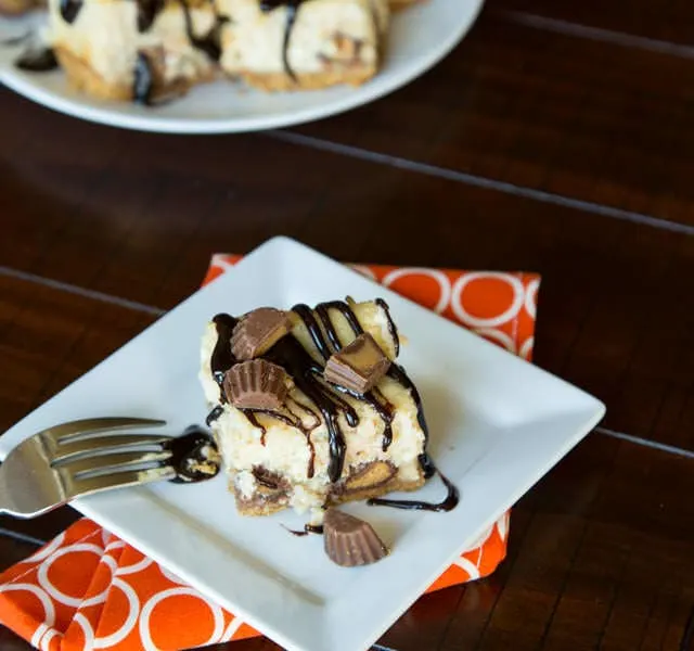 skinny peanut butter cup cheesecake on a plate