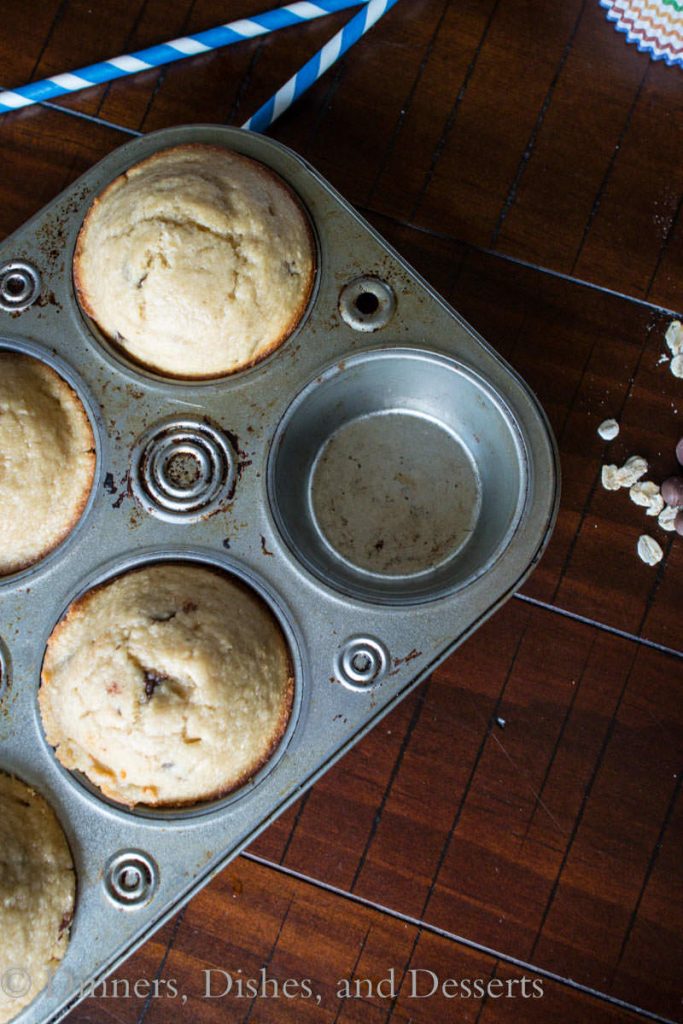banana oatemeal chocolate chip muffins in a pan