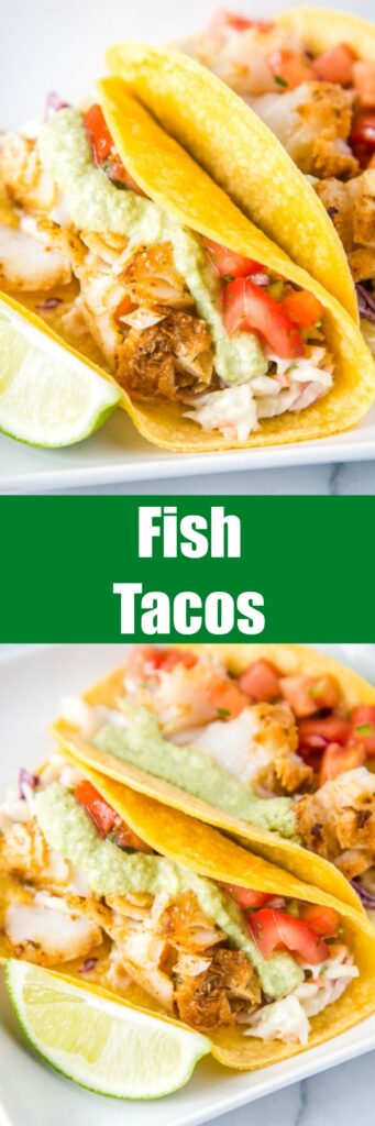 Easy Fish Tacos - a super easy, healthy, and delicious cod fish taco recipe.  Topped with a fresh Mexican coleslaw, pice de gallo, and a roasted poblano fish taco sauce. 
