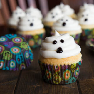 close up of ghost of ghost cupcakes on a table
